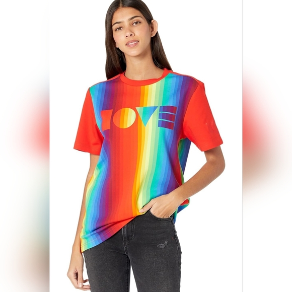 UGG Tops - UGG PRIDE Logo T Shirt  Size L Rainbow Stripes Short Sleeve